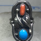 Long Navajo Turquoise Coral Saddle Ring Knuckle leaves feathers band size 7.7 sterling silver women girl