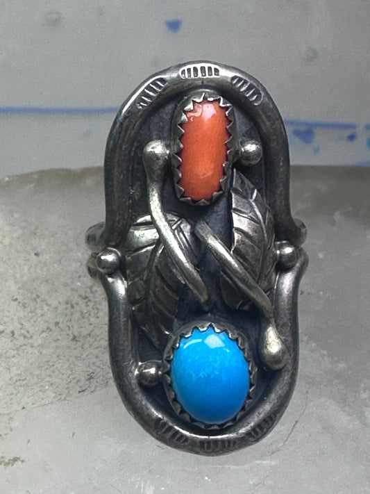 Long Navajo Turquoise Coral Saddle Ring Knuckle leaves feathers band size 7.7 sterling silver women girl