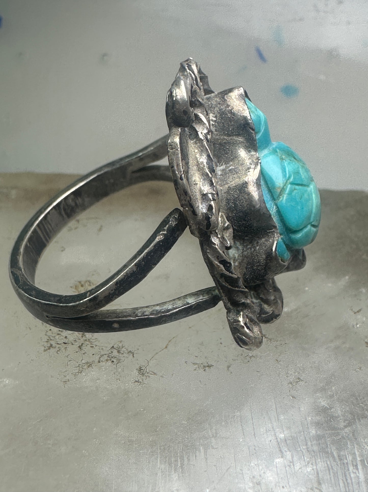 OLD Vintage Carved Turtle ring Navajo turquoise size 9.75 sterling silver women girls