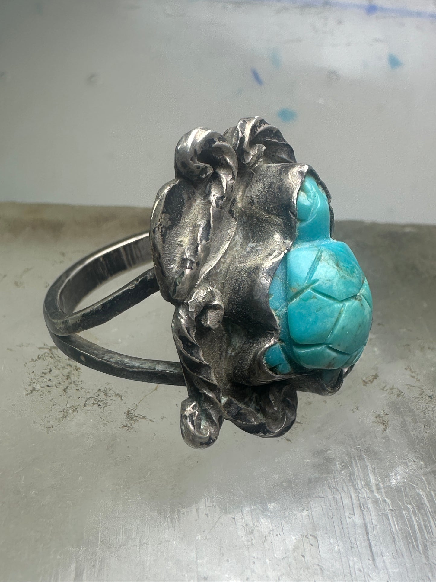 OLD Vintage Carved Turtle ring Navajo turquoise size 9.75 sterling silver women girls