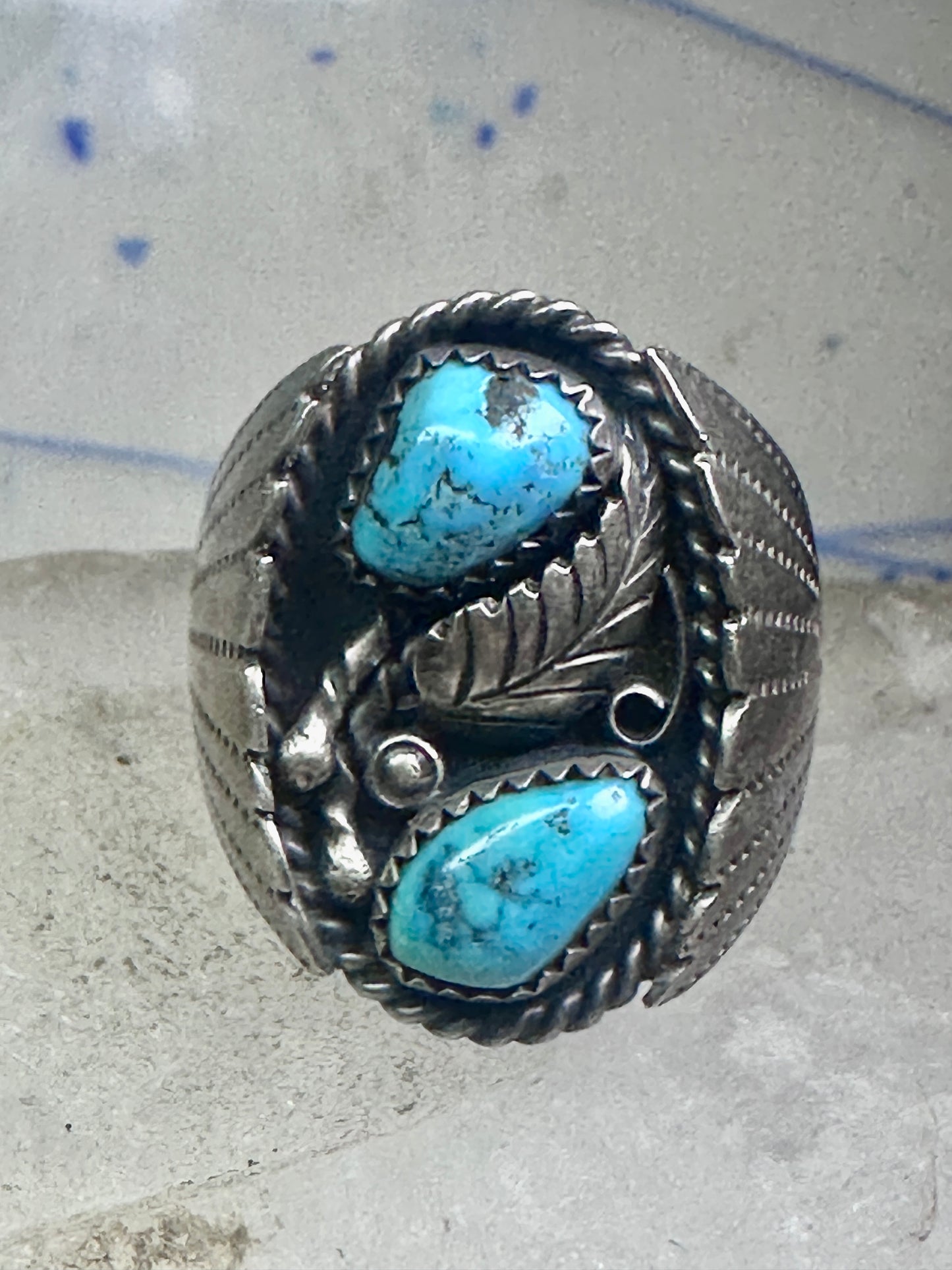Navajo Turquoise Ring leaves feathers band size10.7 sterling silver women men signed J TSO