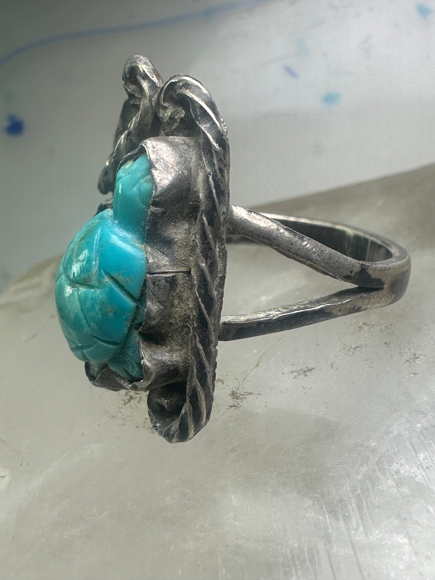 OLD Vintage Carved Turtle ring Navajo turquoise size 9.75 sterling silver women girls