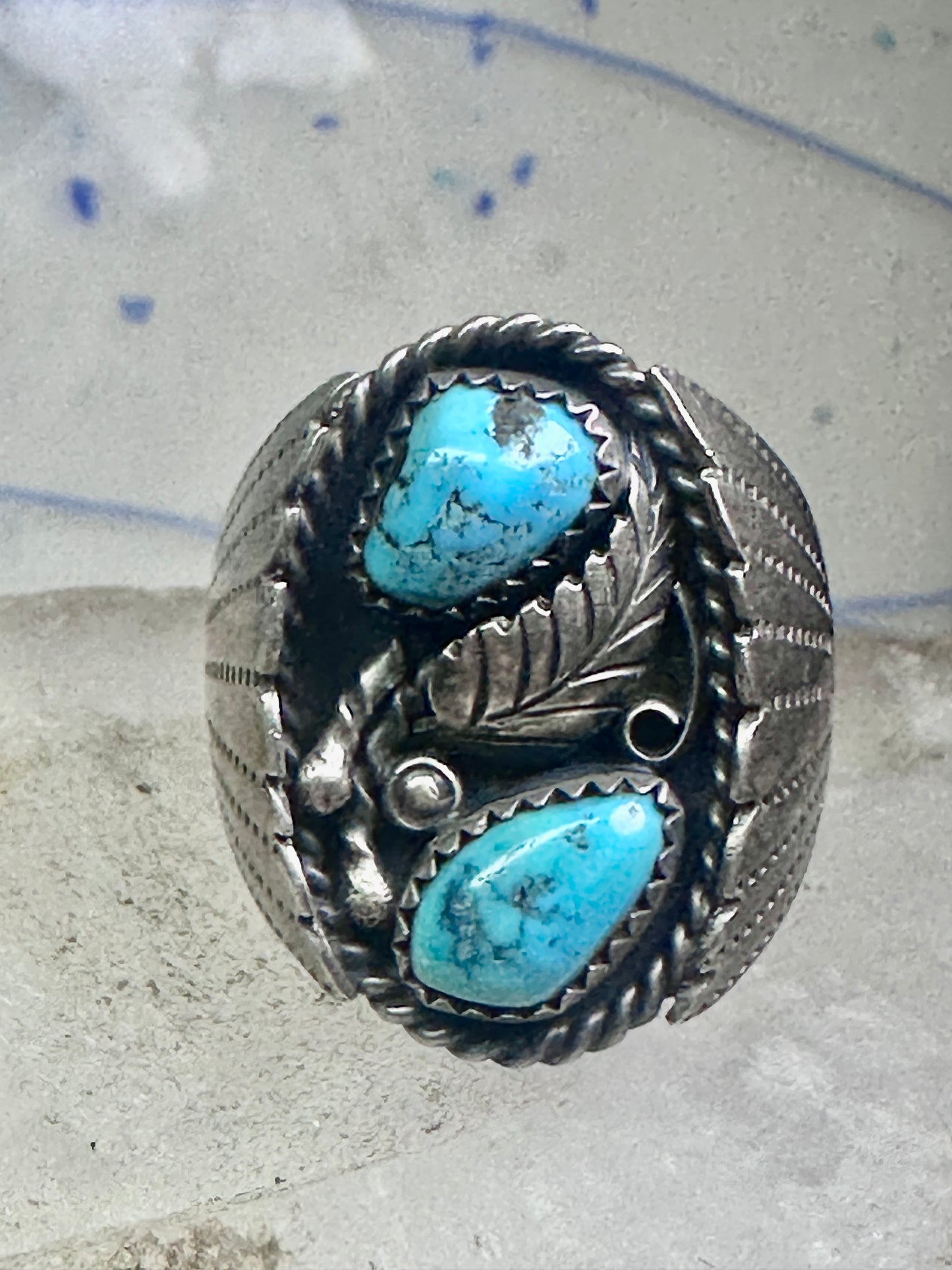 Navajo Turquoise Ring leaves feathers band size10.7 sterling silver women men signed J TSO