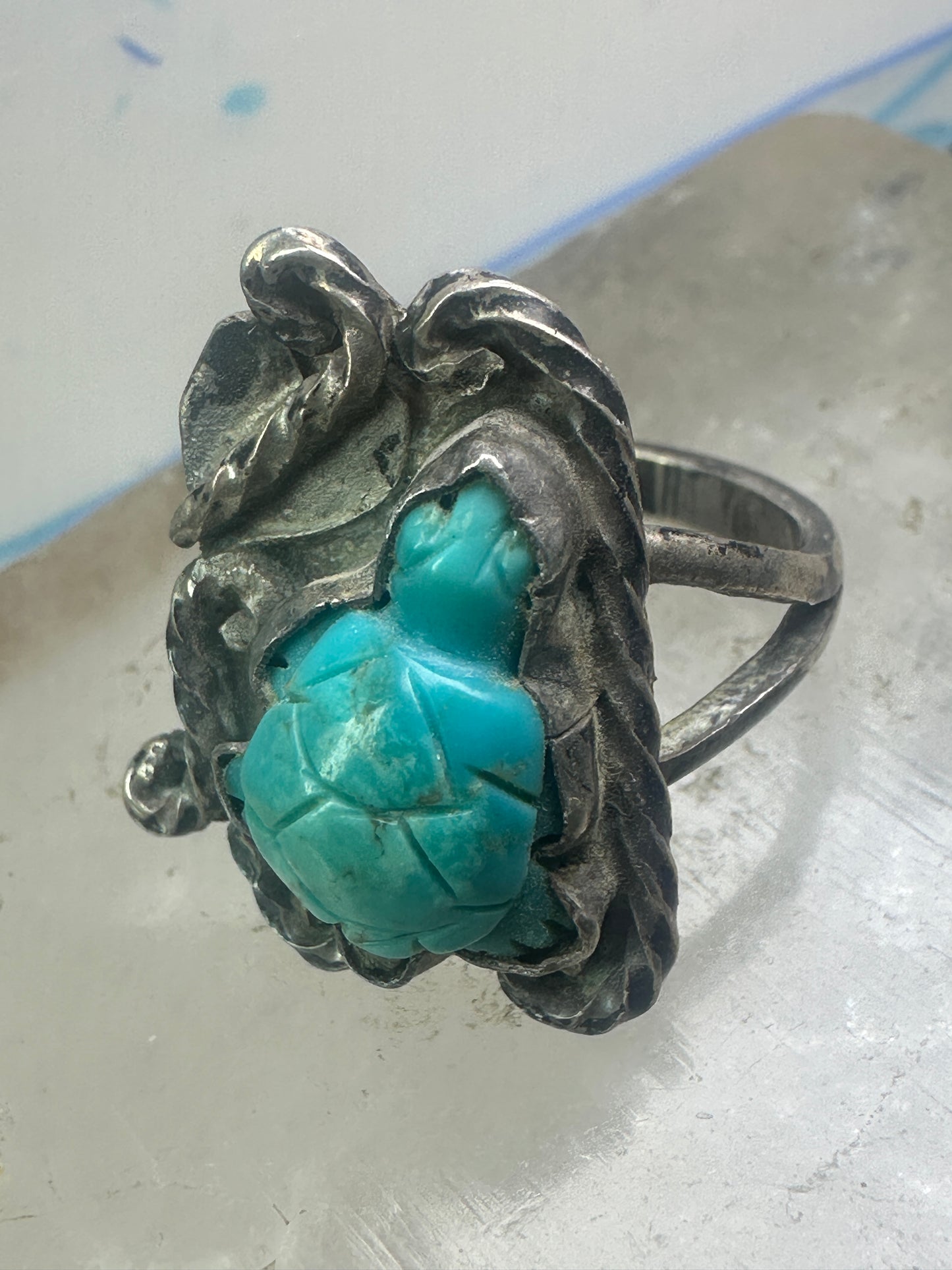 OLD Vintage Carved Turtle ring Navajo turquoise size 9.75 sterling silver women girls