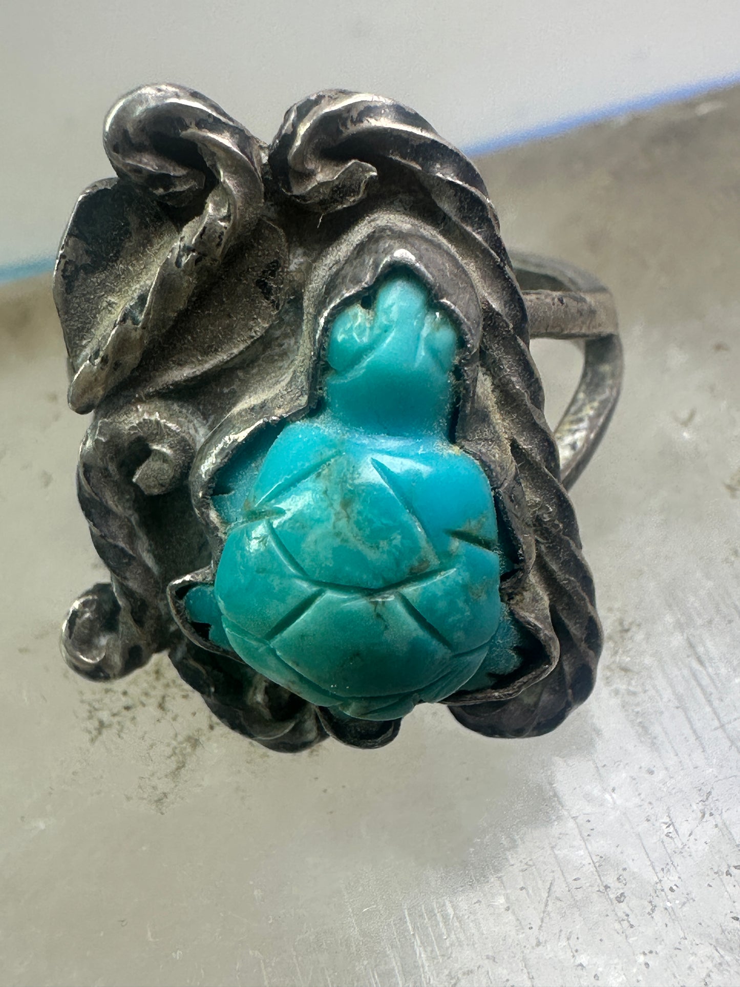 OLD Vintage Carved Turtle ring Navajo turquoise size 9.75 sterling silver women girls
