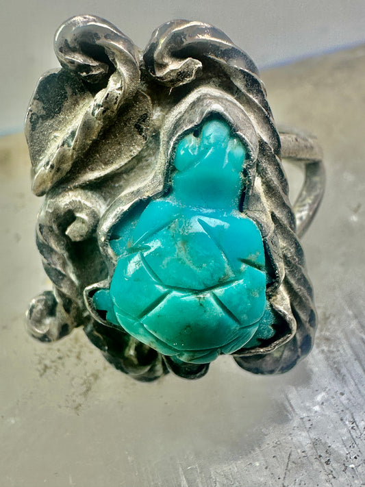 OLD Vintage Carved Turtle ring Navajo turquoise size 9.75 sterling silver women girls