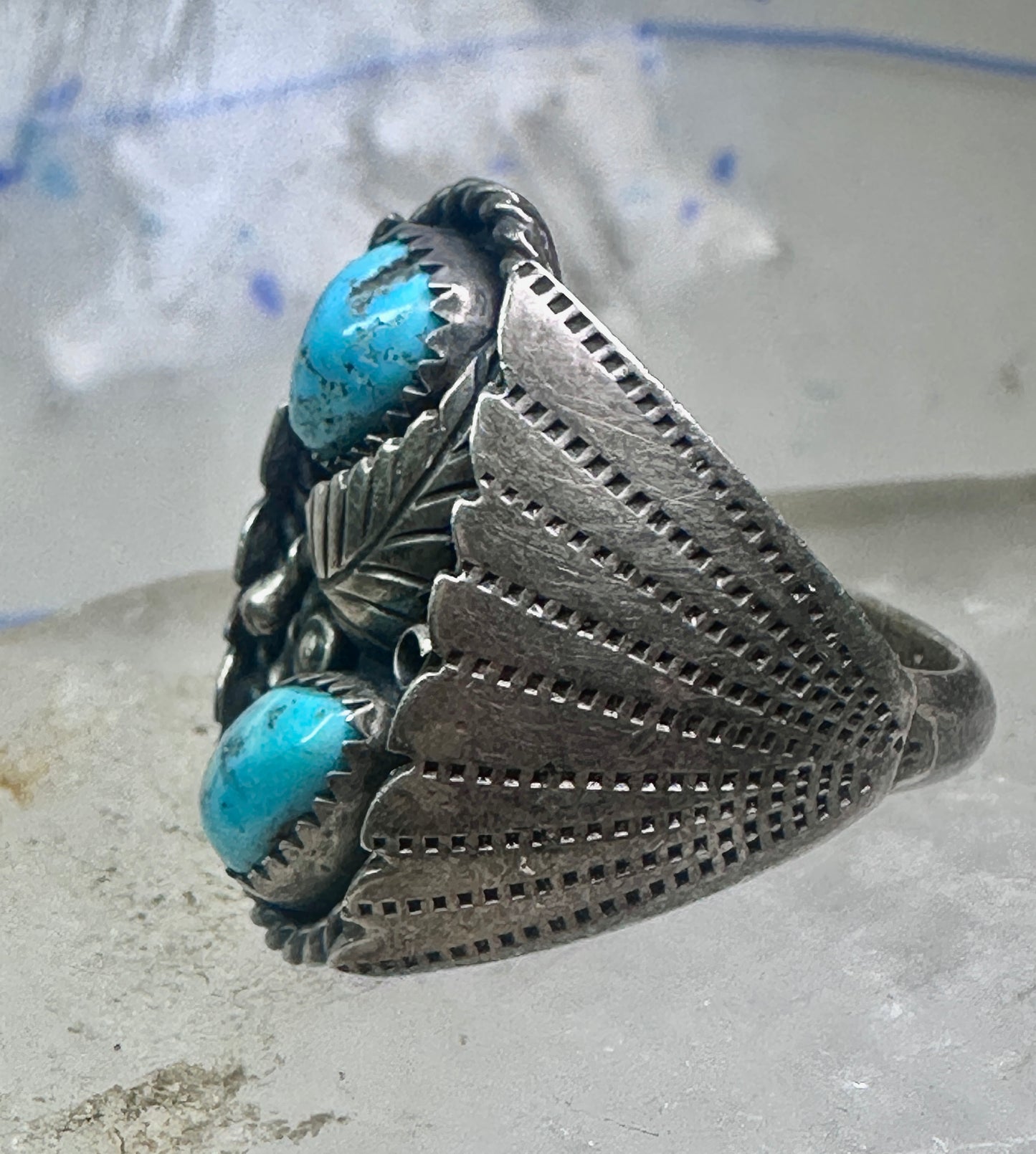 Navajo Turquoise Ring leaves feathers band size10.7 sterling silver women men signed J TSO