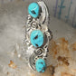Navajo ring long turquoise leaves size 6.75 sterling silver women signed RB