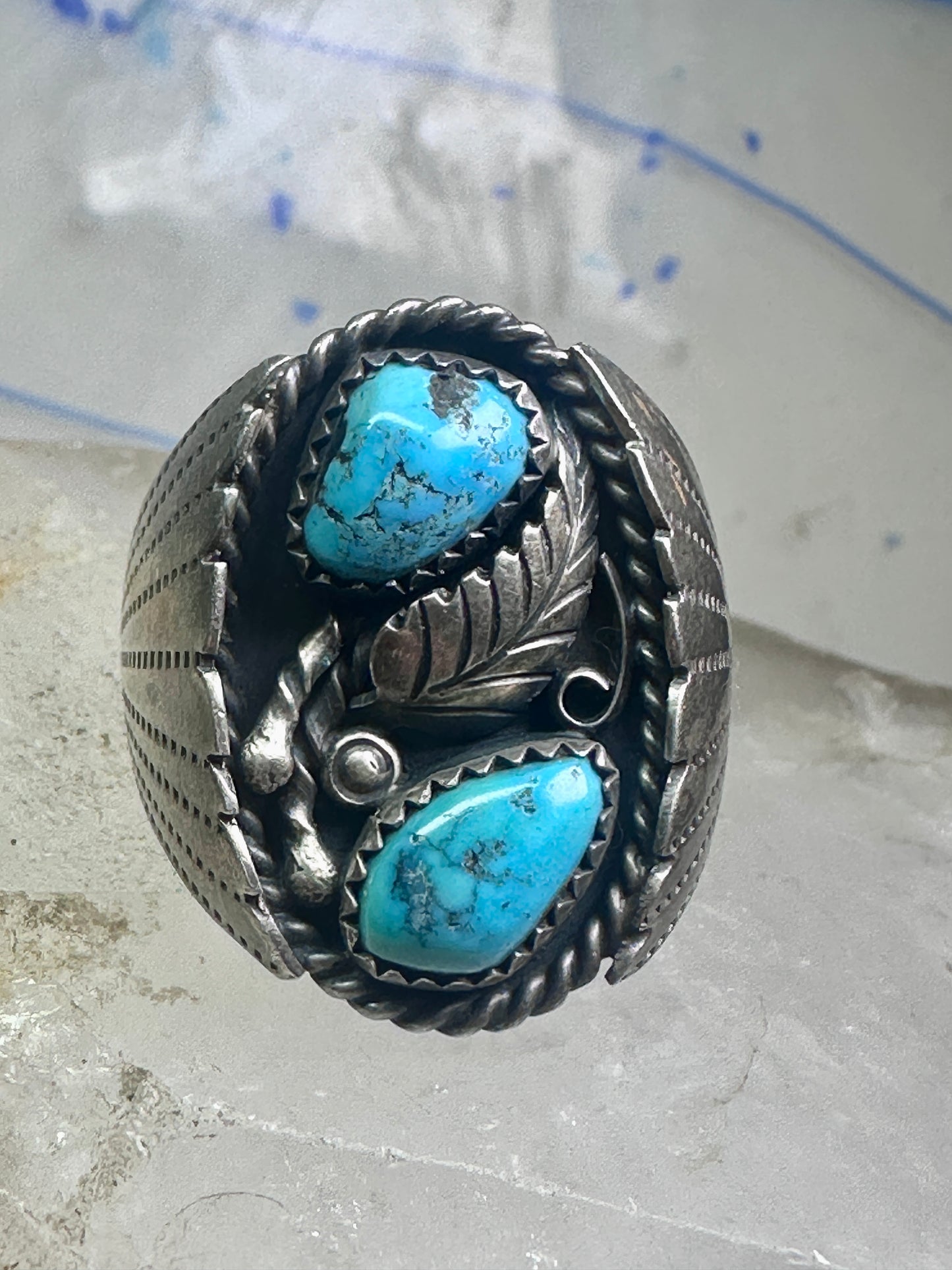 Navajo Turquoise Ring leaves feathers band size10.7 sterling silver women men signed J TSO