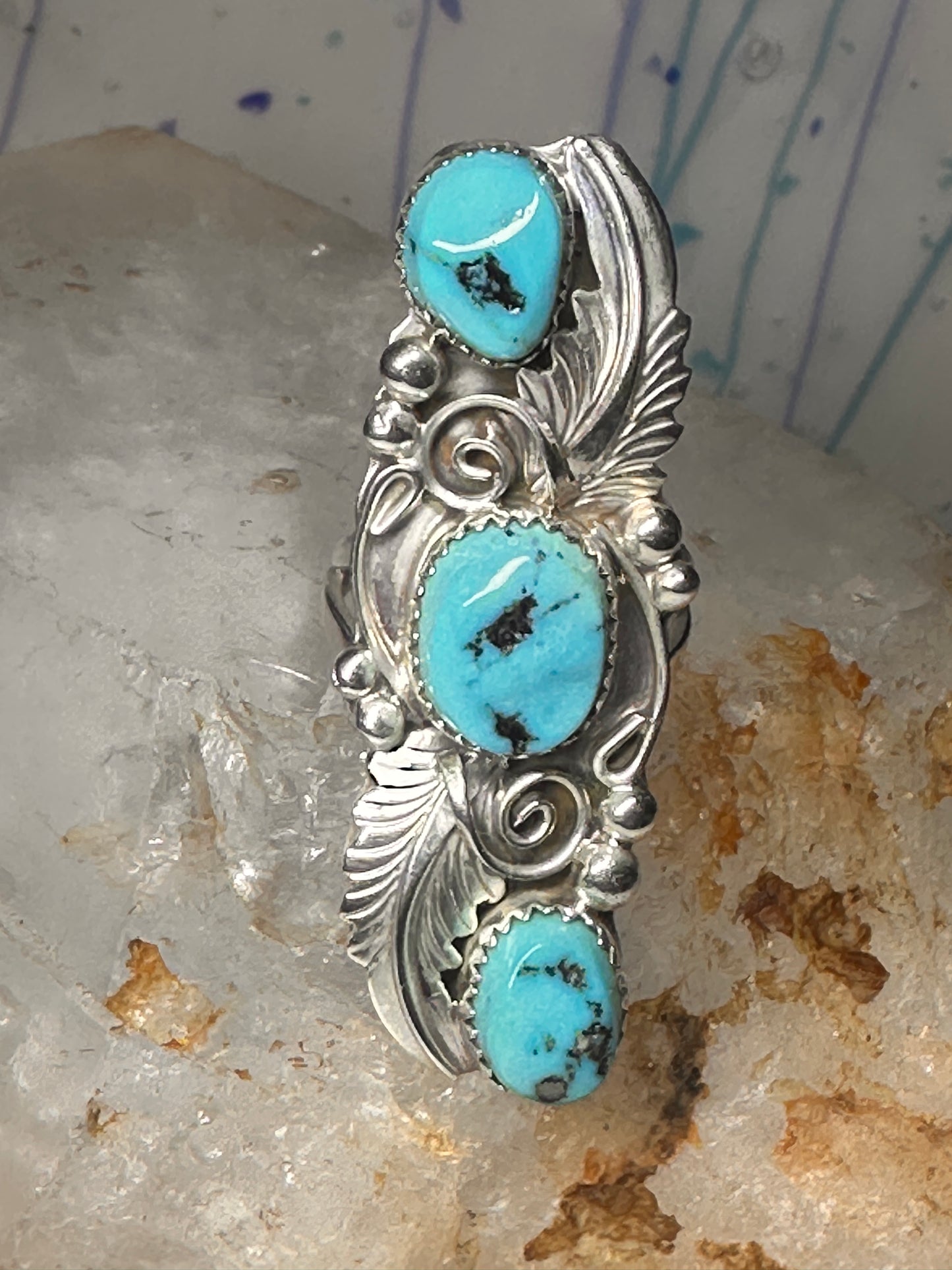 Navajo ring long turquoise leaves size 6.75 sterling silver women signed RB