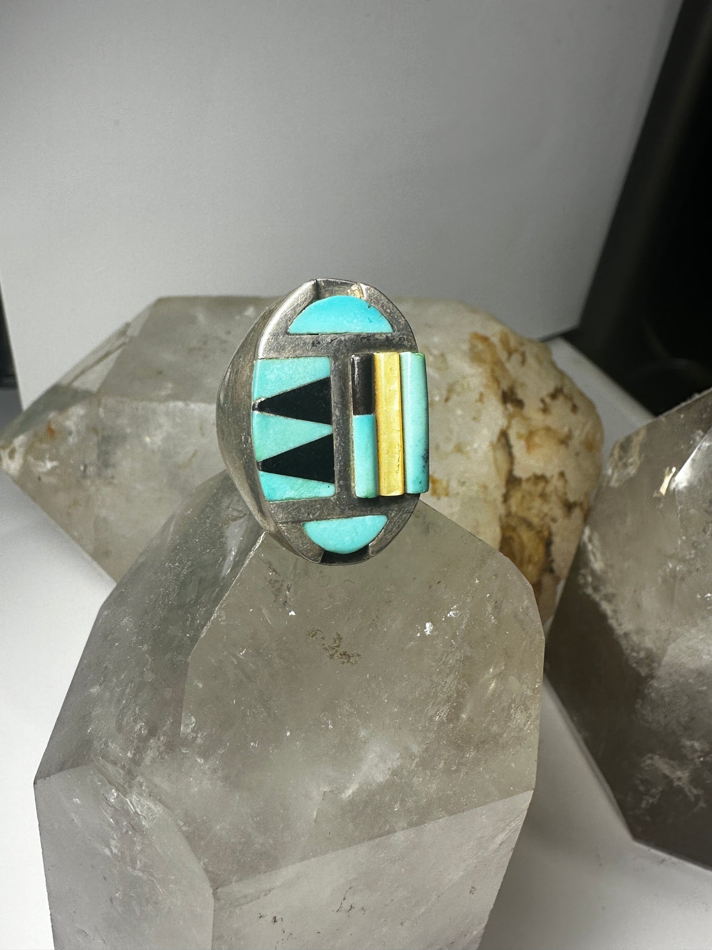 Zuni ring size 10 turquoise onyx mop  sterling silver band women