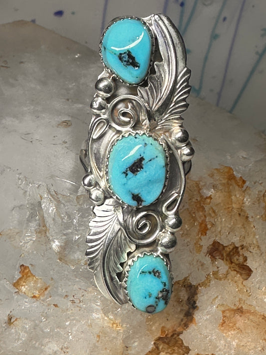 Navajo ring long turquoise leaves size 6.75 sterling silver women signed RB
