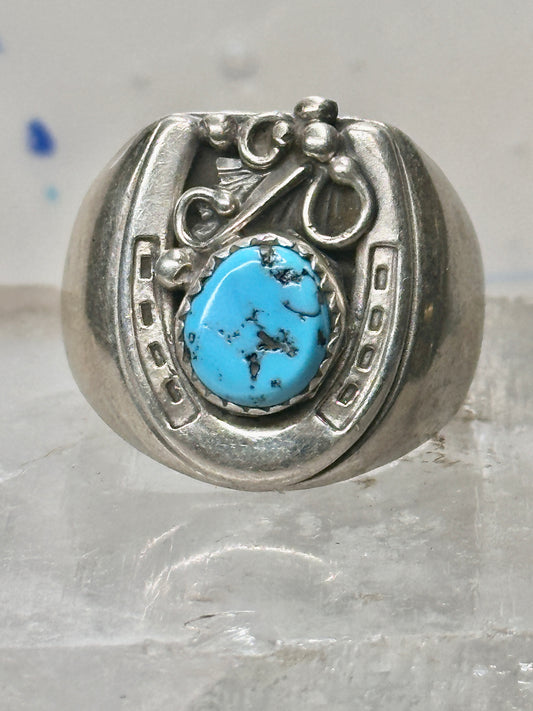 Horseshoe ring size 12.75 Navajo band turquoise Good Luck sterling silver men women signed