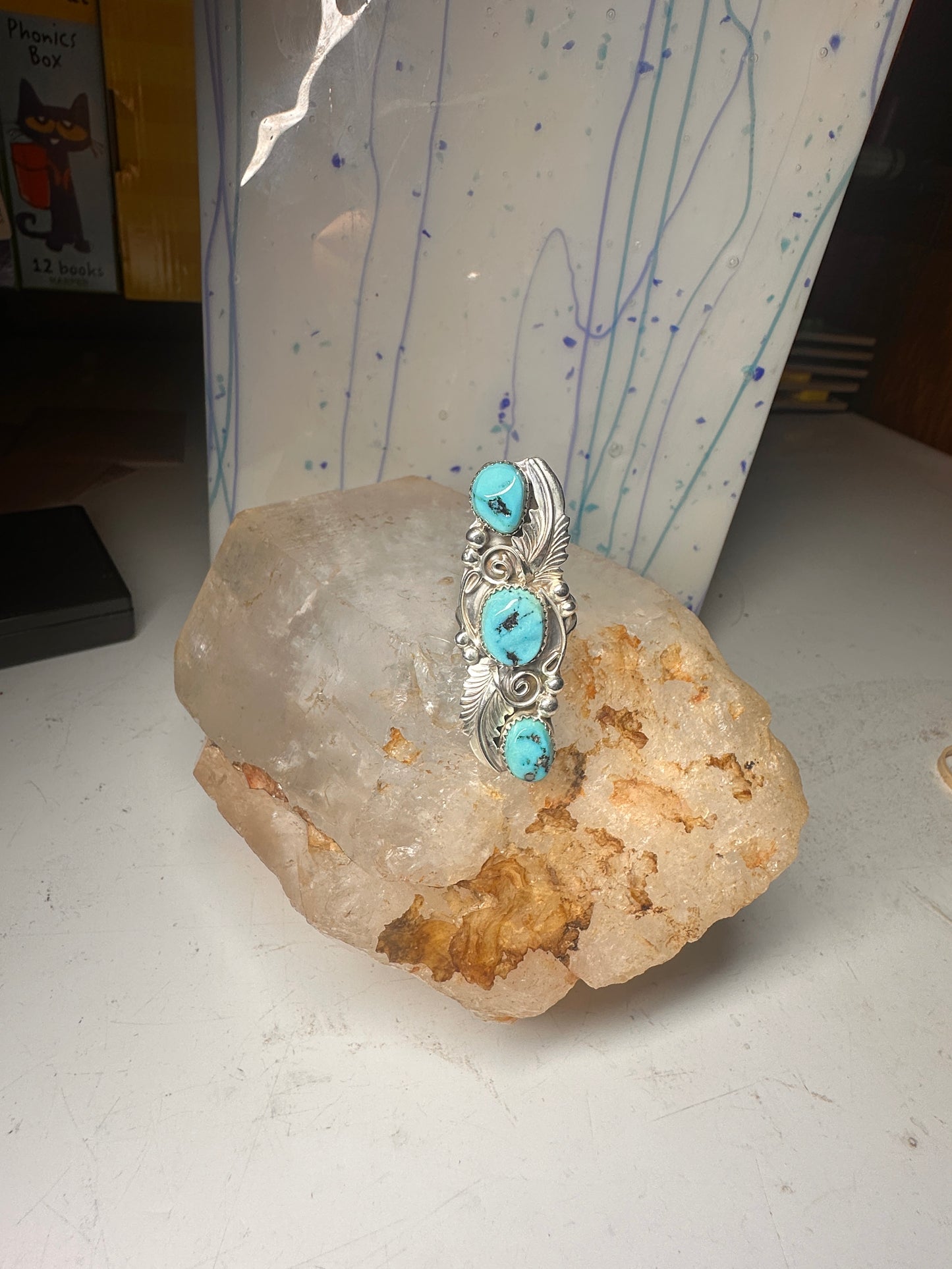 Navajo ring long turquoise leaves size 6.75 sterling silver women signed RB