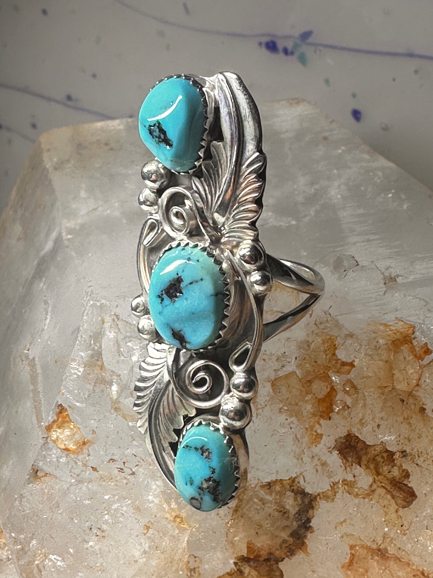 Navajo ring long turquoise leaves size 6.75 sterling silver women signed RB