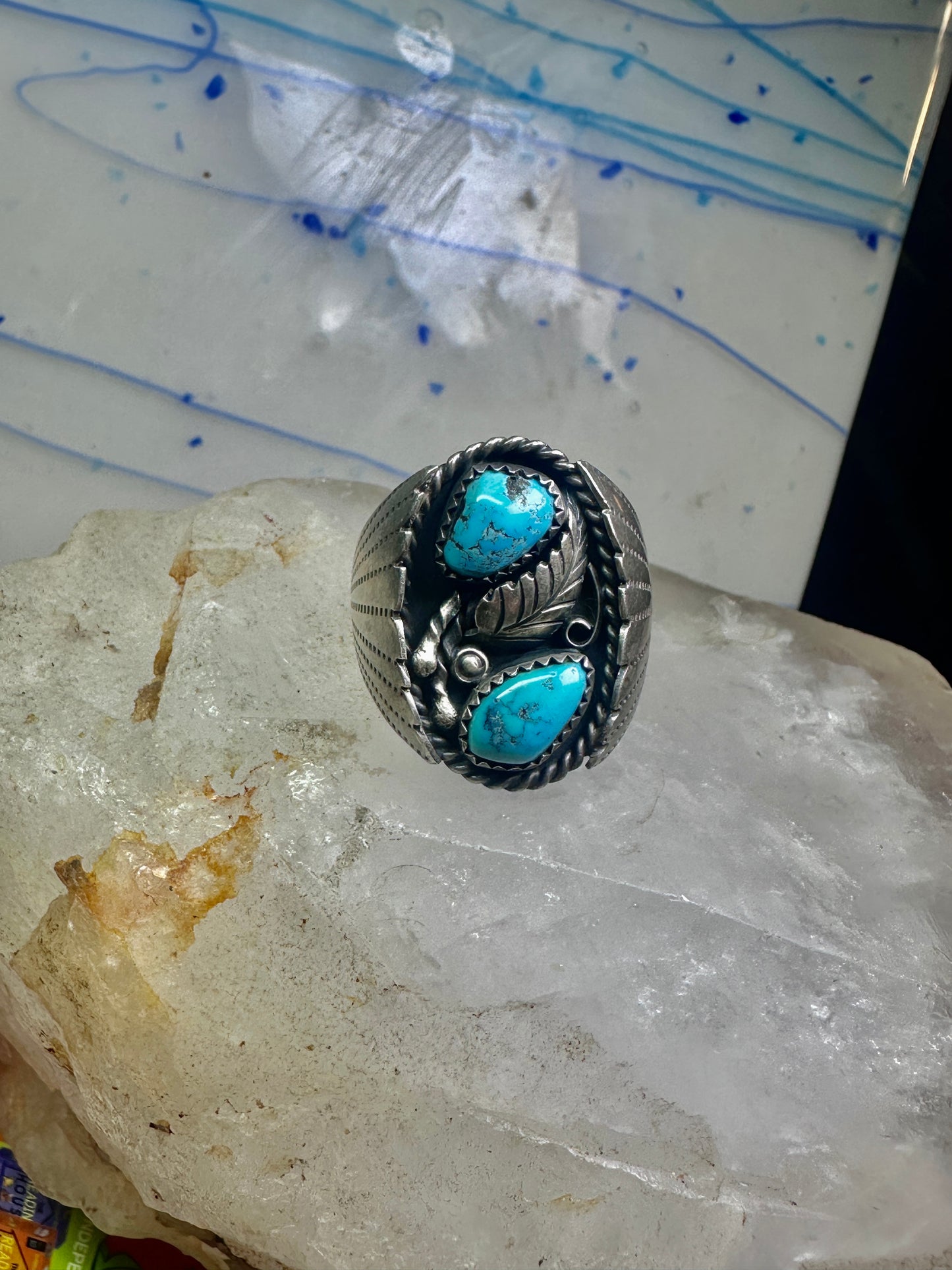Navajo Turquoise Ring leaves feathers band size10.7 sterling silver women men signed J TSO
