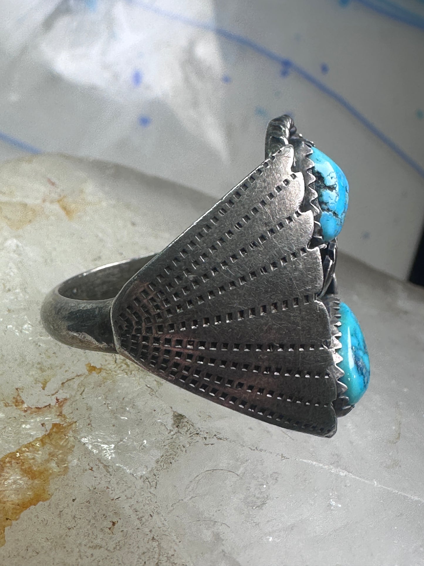 Navajo Turquoise Ring leaves feathers band size10.7 sterling silver women men signed J TSO