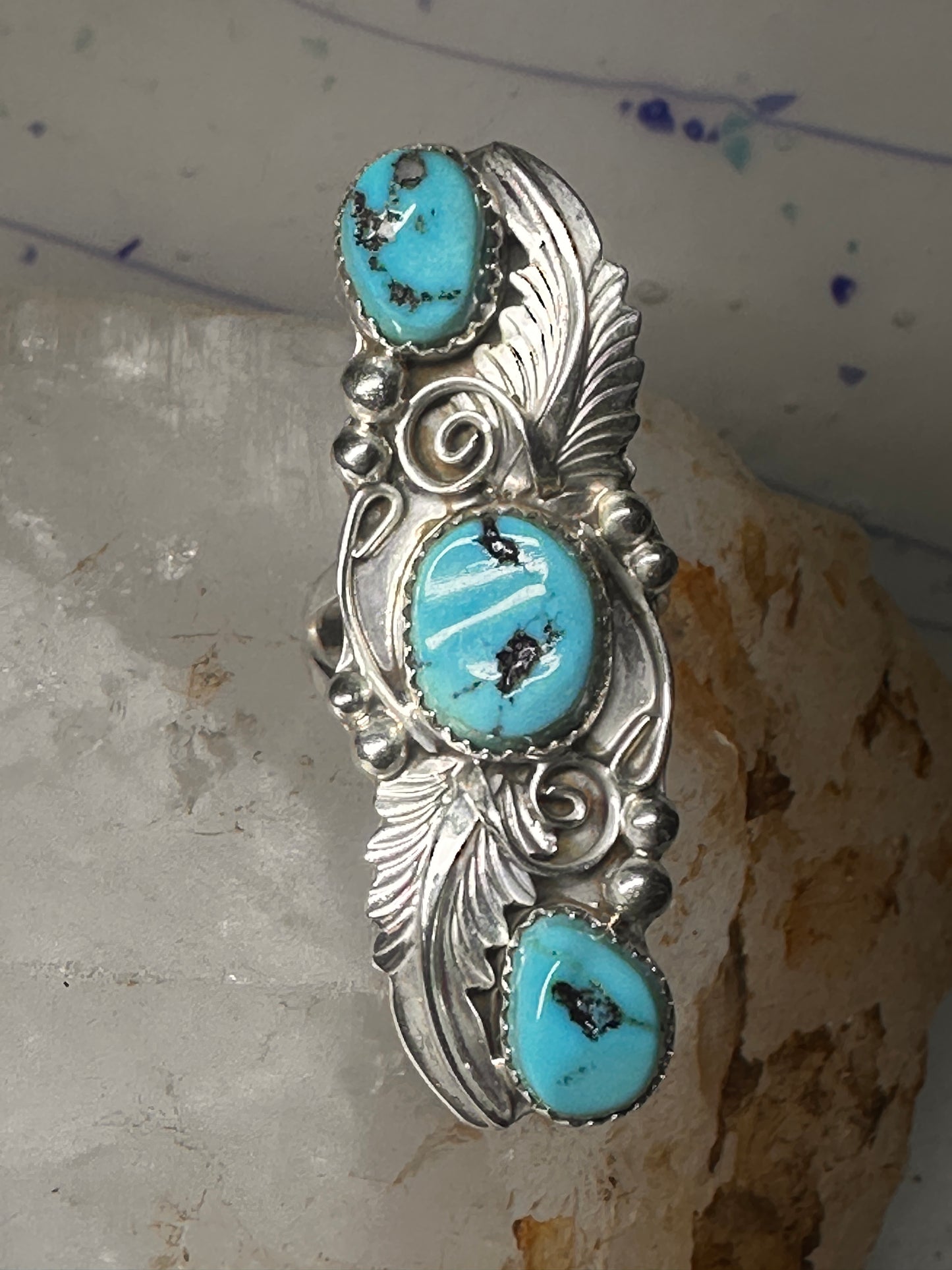 Navajo ring long turquoise leaves size 6.75 sterling silver women signed RB