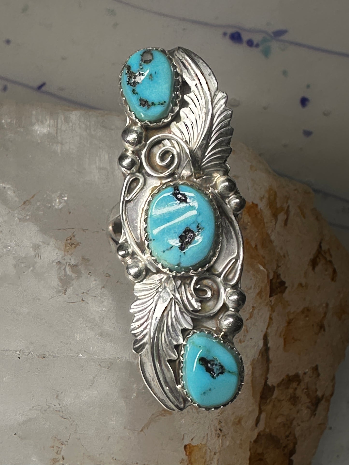 Navajo ring long turquoise leaves size 6.75 sterling silver women signed RB