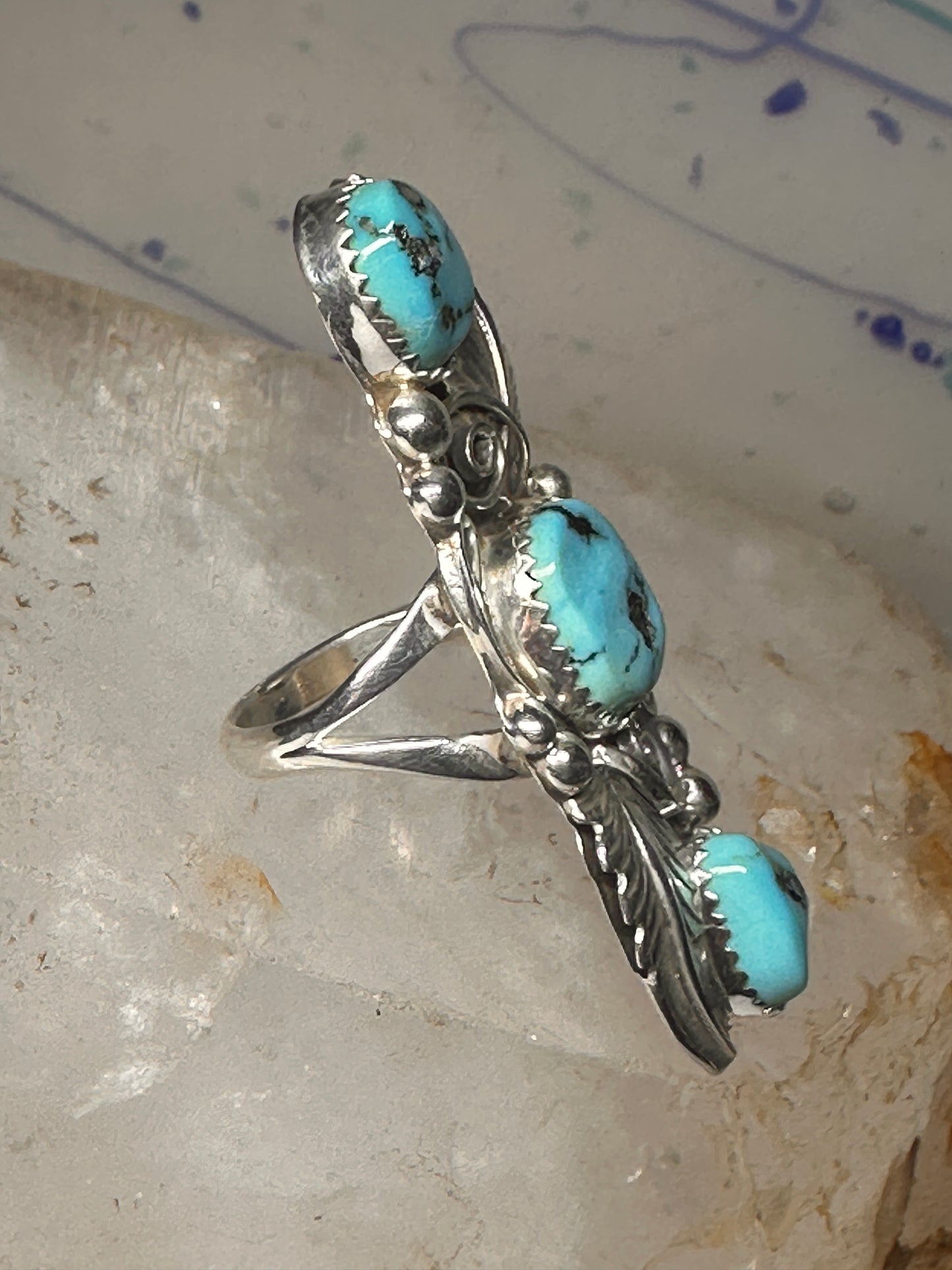 Navajo ring long turquoise leaves size 6.75 sterling silver women signed RB