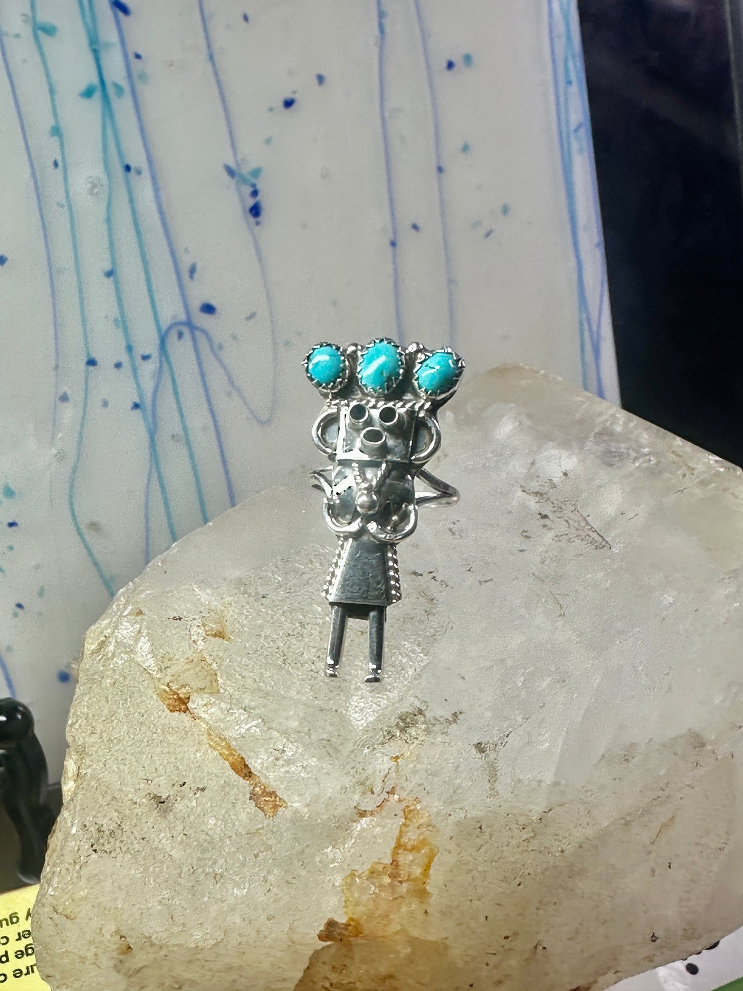 Vintage Kachina ring Navajo turquoise size 7.2 sterling silver women signed CPH