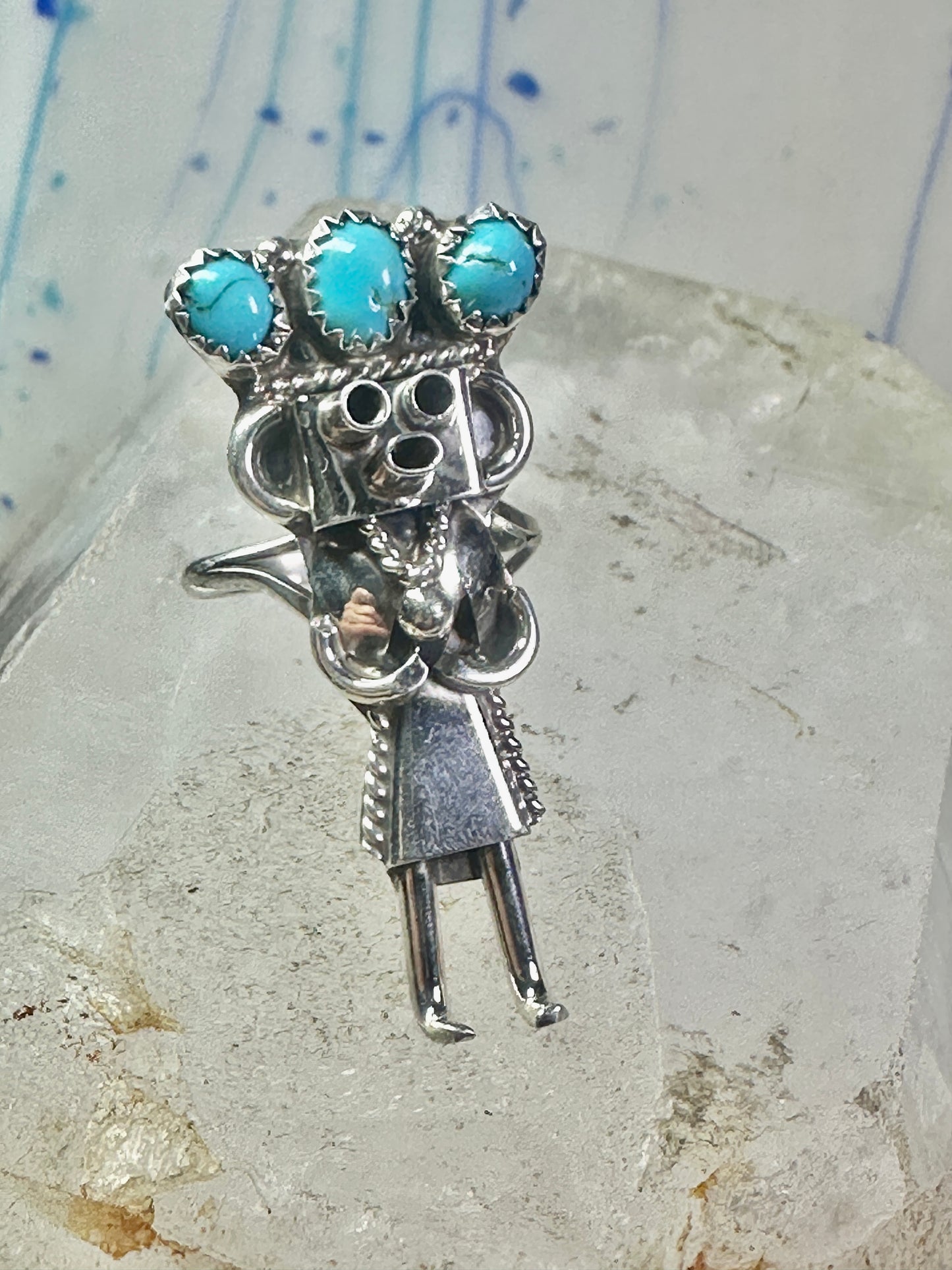 Vintage Kachina ring Navajo turquoise size 7.2 sterling silver women signed CPH