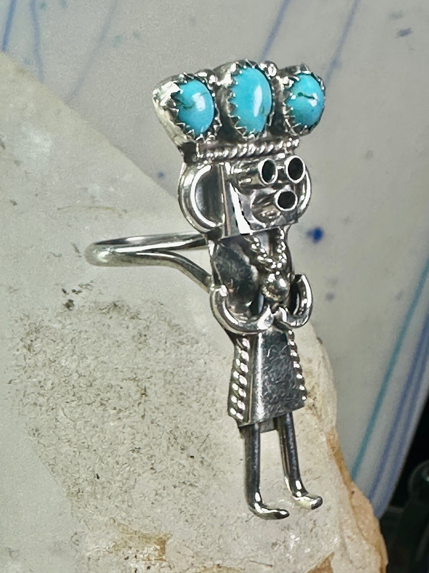 Vintage Kachina ring Navajo turquoise size 7.2 sterling silver women signed CPH