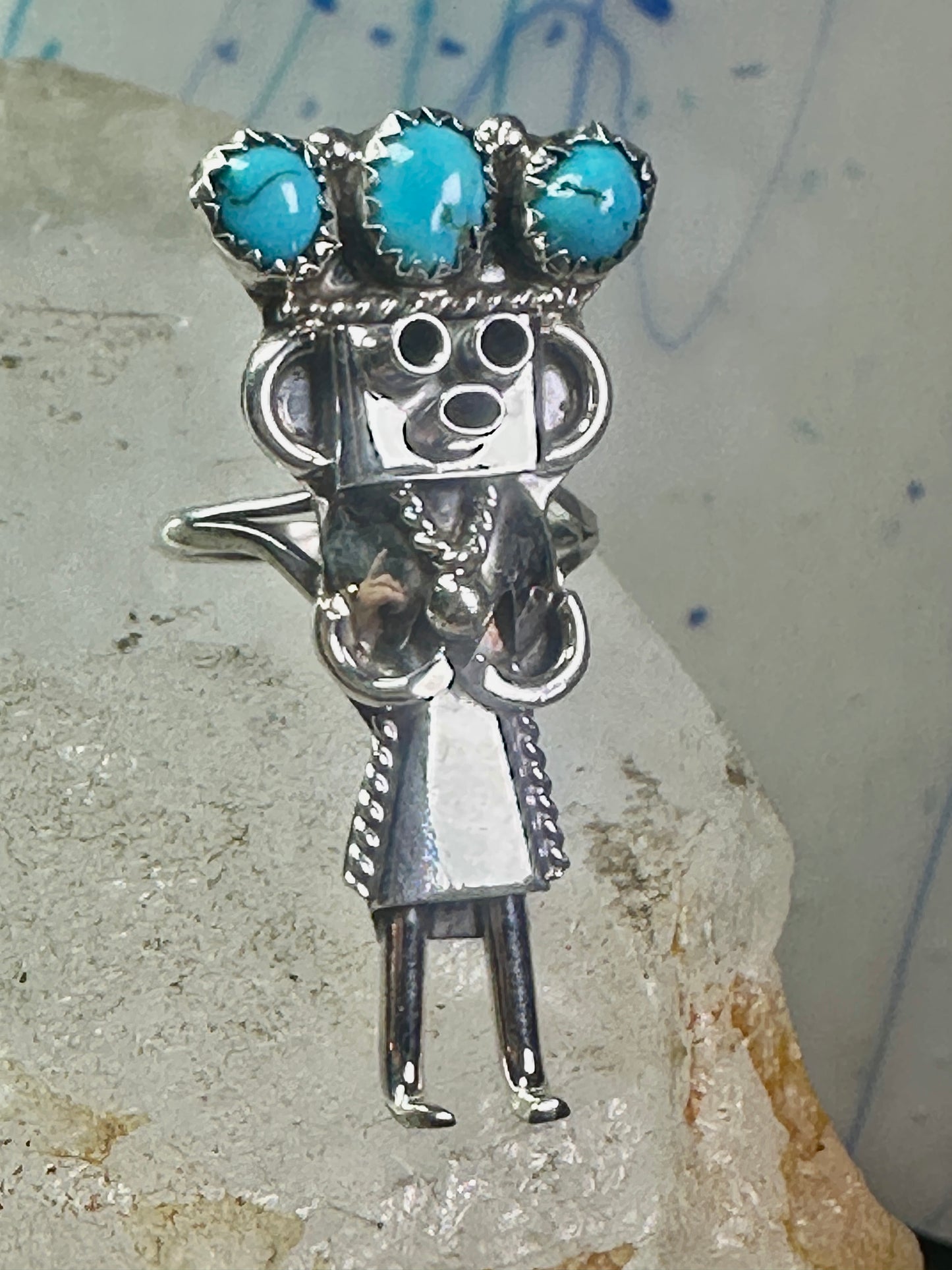 Vintage Kachina ring Navajo turquoise size 7.2 sterling silver women signed CPH