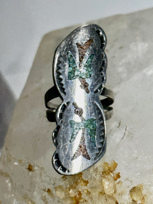 Long Phoenix ring Turquoise coral chips size 5.75 Navajo sterling silver women