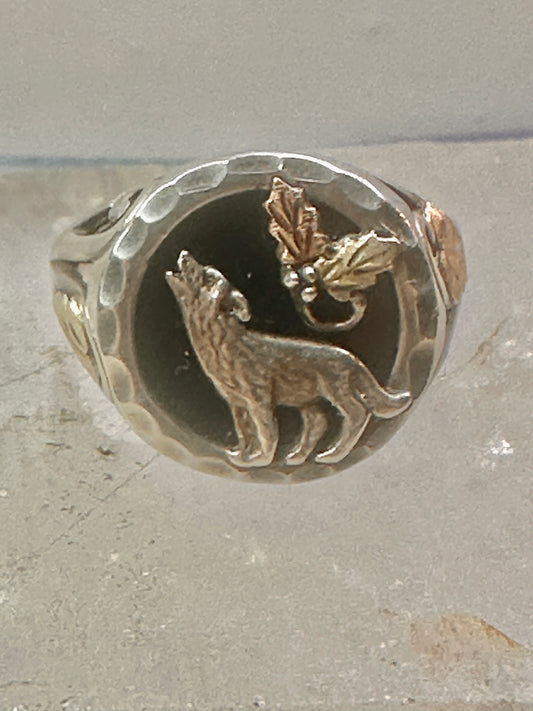 Black Hills Gold ring onyx wolf barking at moon band size 10 band sterling silver men women