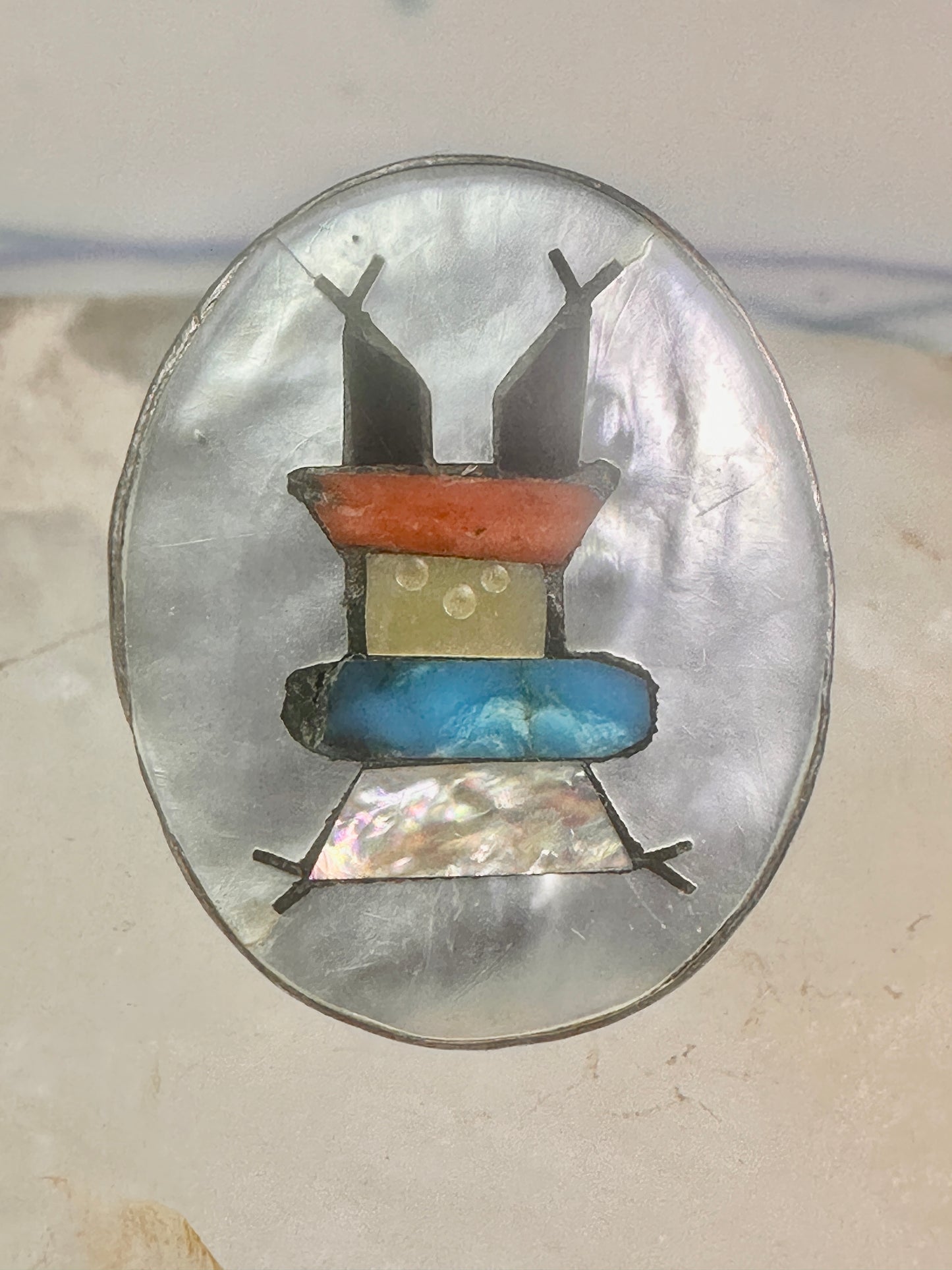 Kachina ring Navajo mop turquoise coral onyx size 7 sterling silver women