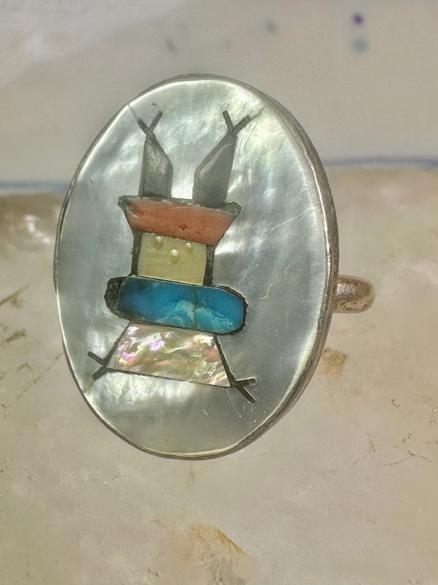 Kachina ring Navajo mop turquoise coral onyx size 7 sterling silver women