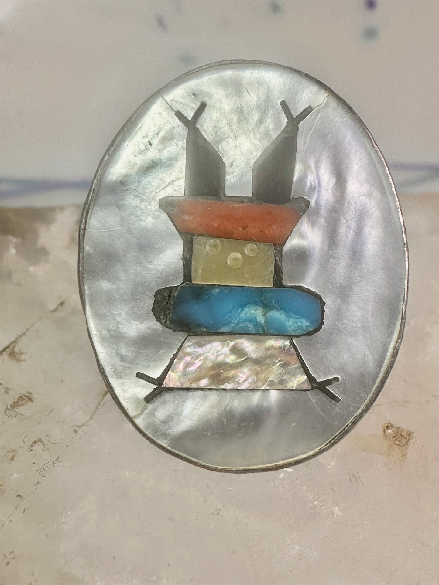 Kachina ring Navajo mop turquoise coral onyx size 7 sterling silver women