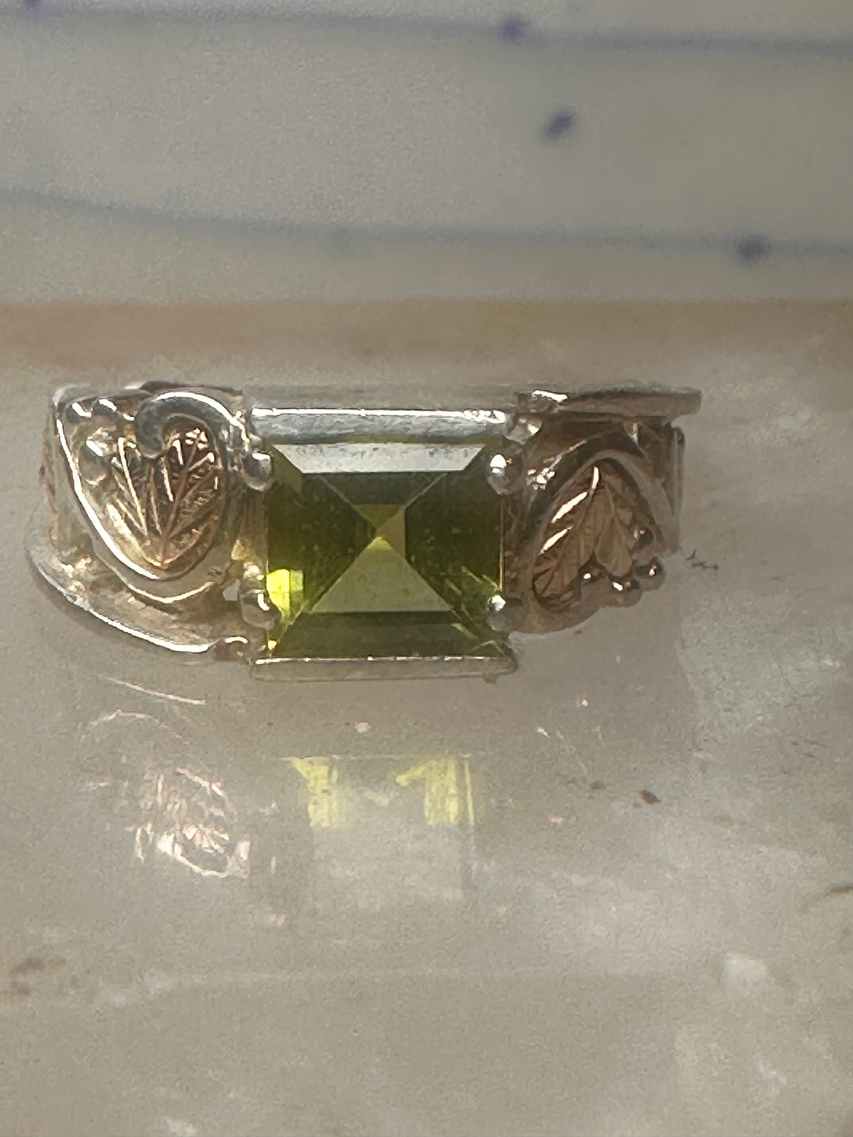 Vintage Coleman Black Hills Gold Sterling Silver 12K Gold Princess Green Quartz Ring Size 5 925