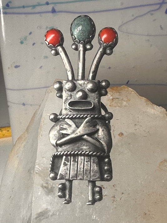 Kachina ring size 8.50 Navajo turquoise coral band sterling silver women