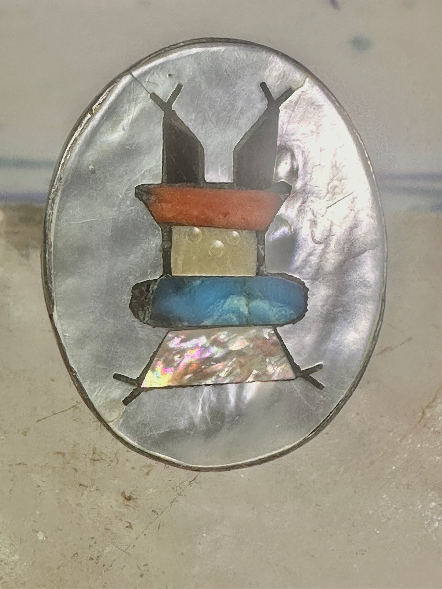 Kachina ring Navajo mop turquoise coral onyx size 7 sterling silver women