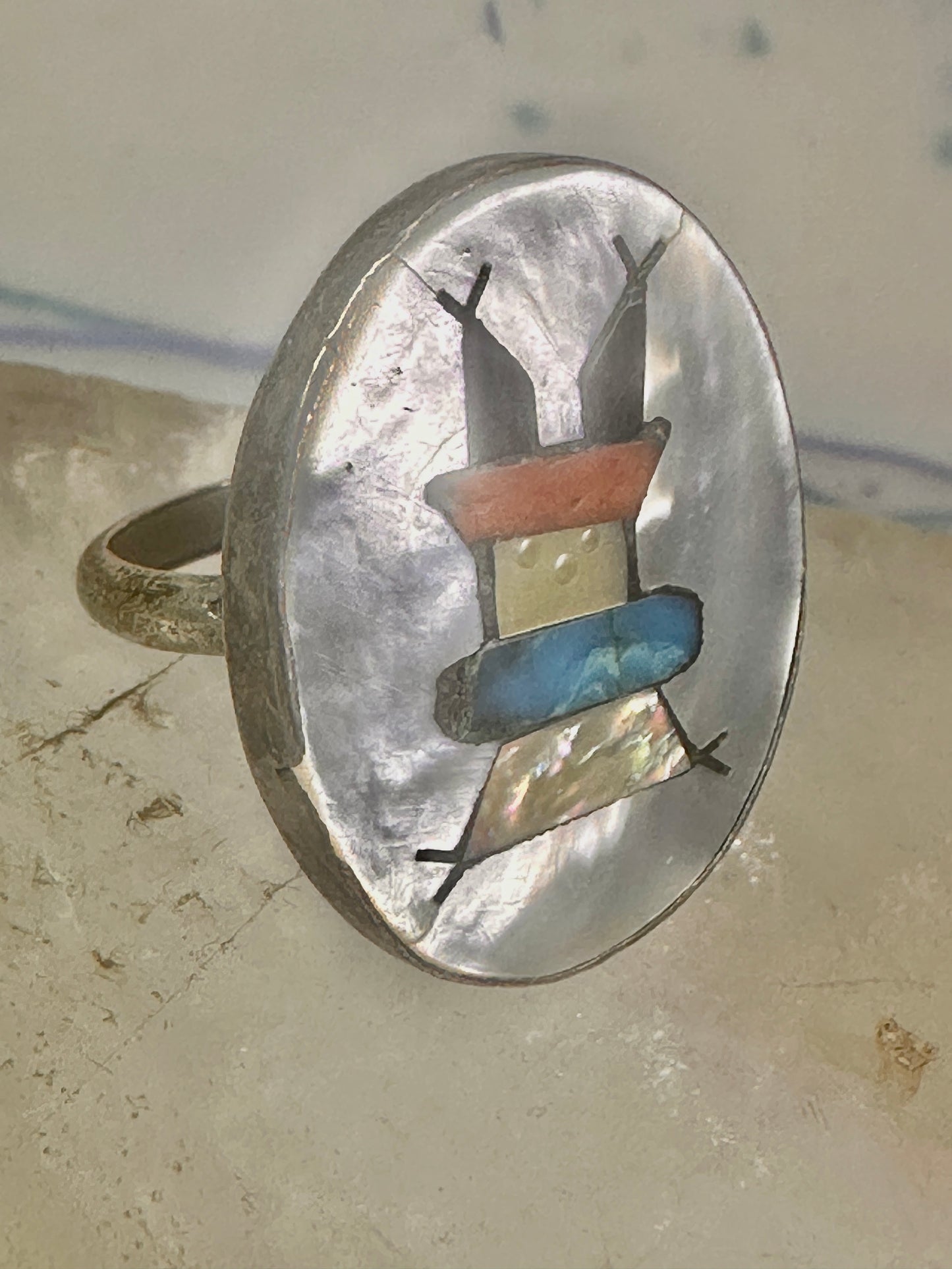 Kachina ring Navajo mop turquoise coral onyx size 7 sterling silver women