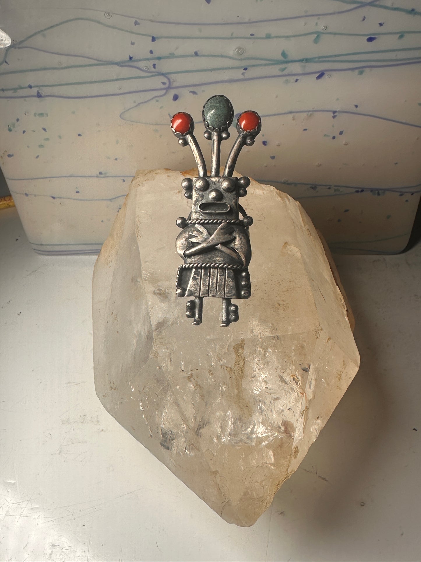 Kachina ring size 8.50 Navajo turquoise coral band sterling silver women