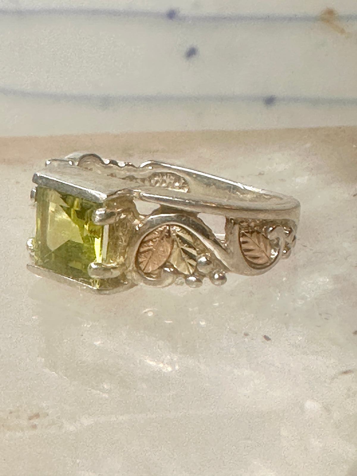 Vintage Coleman Black Hills Gold Sterling Silver 12K Gold Princess Green Quartz Ring Size 5 925