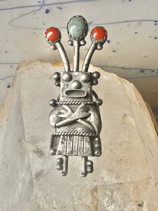 Kachina ring size 8.50 Navajo turquoise coral band sterling silver women