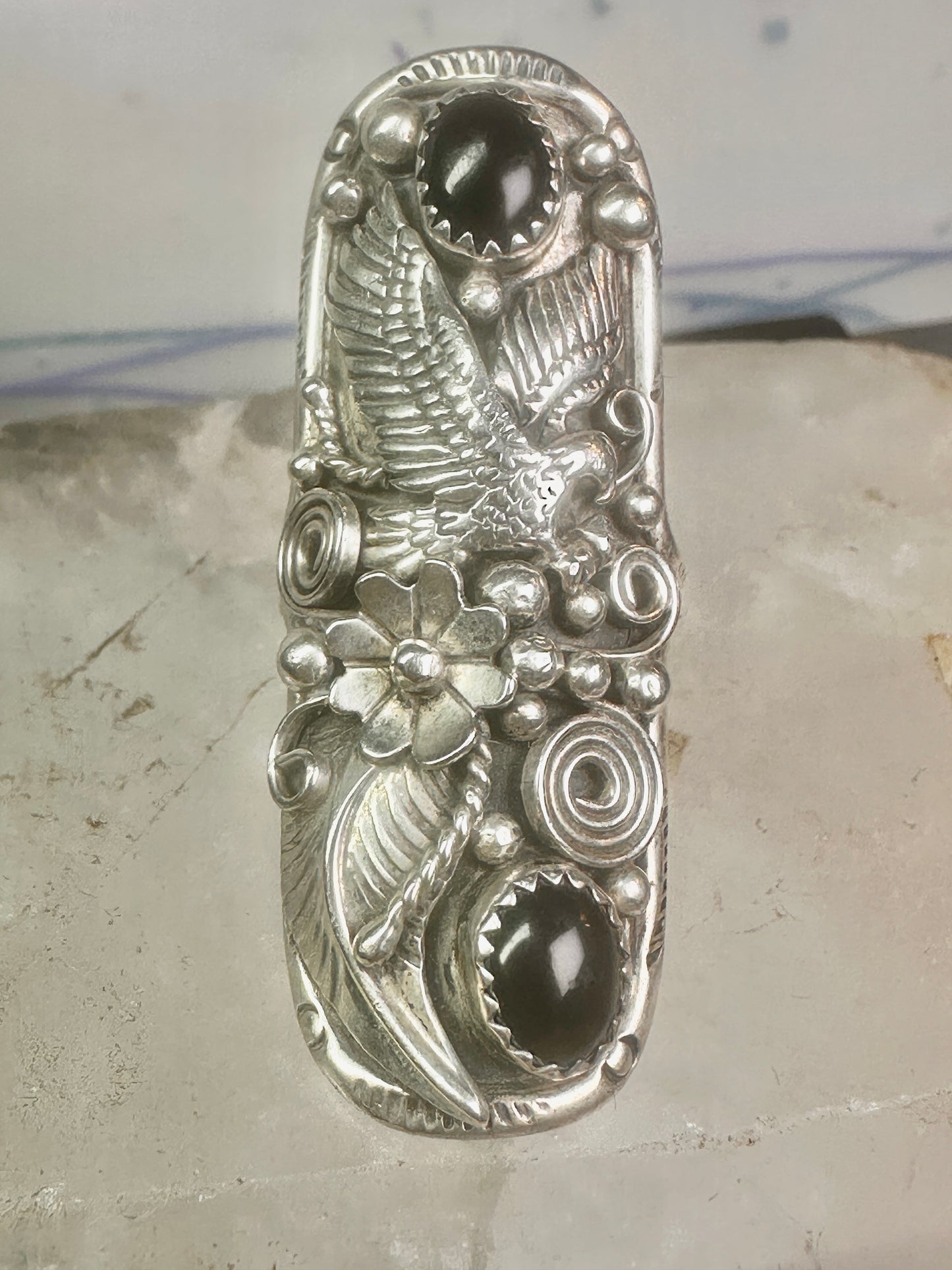 Long eagle ring onyx Navajo leaves full finger band&nbsp; size 7 sterling silver women AS IS