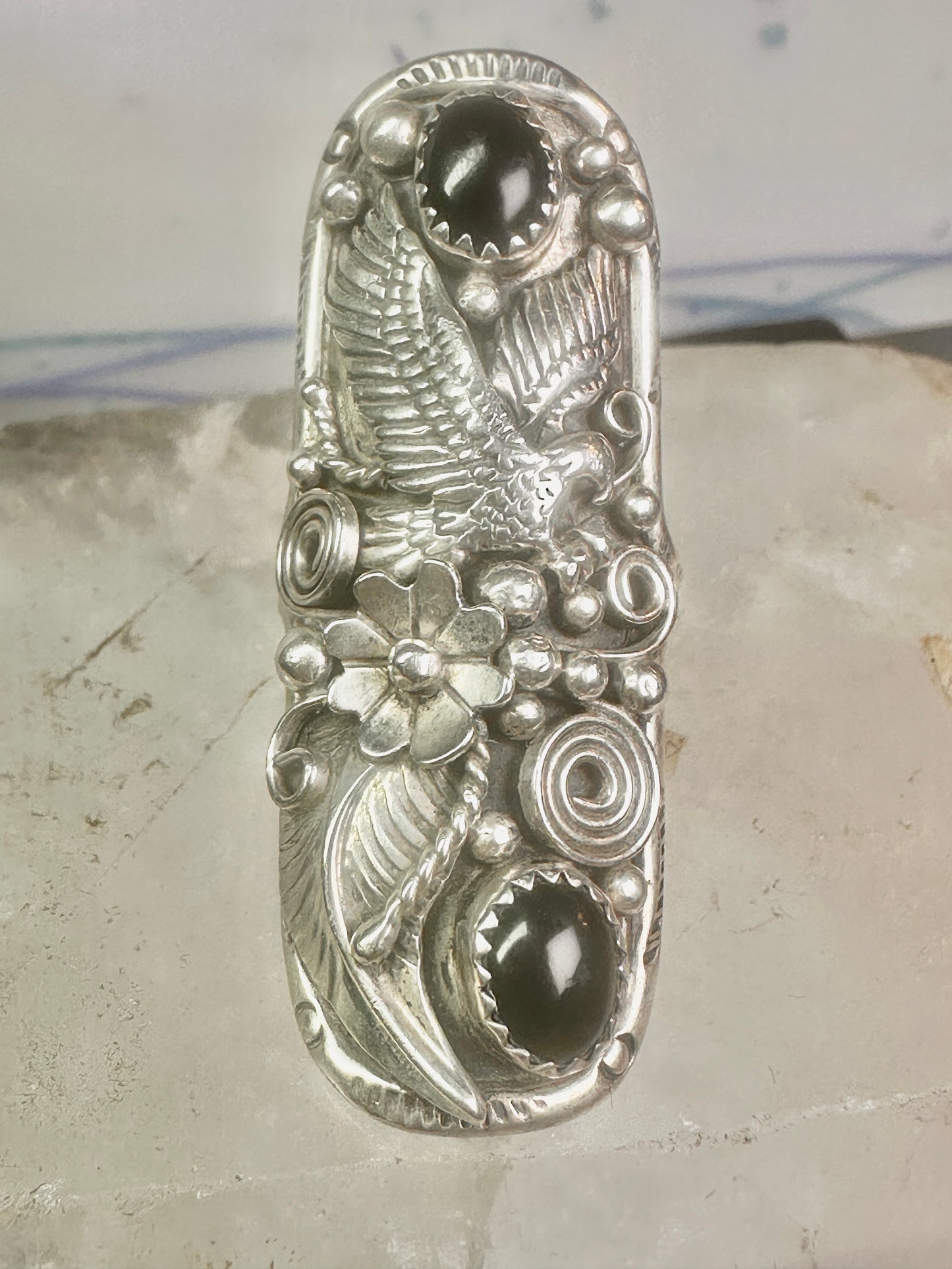 Long eagle ring onyx Navajo leaves full finger band&nbsp; size 7 sterling silver women AS IS