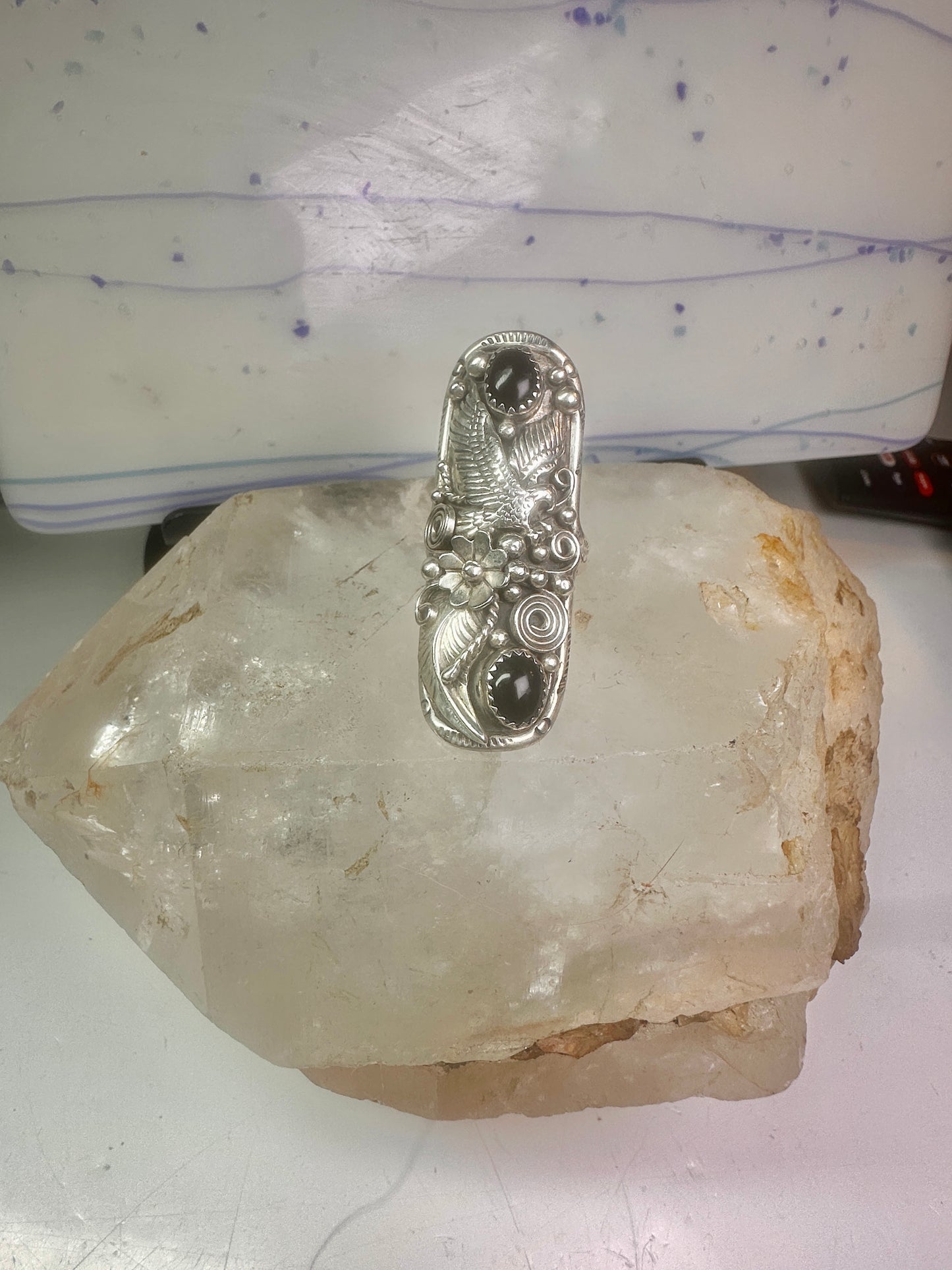 Long eagle ring onyx Navajo leaves full finger band&nbsp; size 7 sterling silver women AS IS