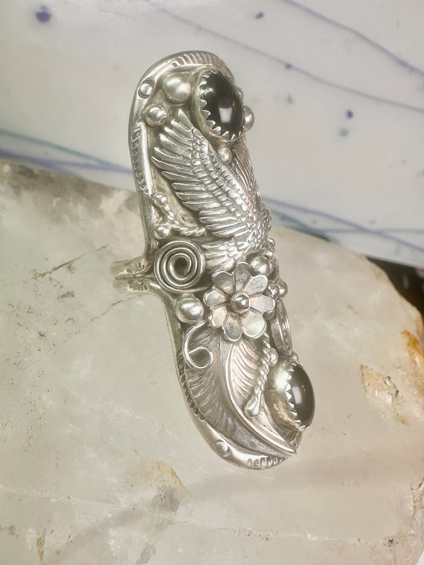 Long eagle ring onyx Navajo leaves full finger band&nbsp; size 7 sterling silver women AS IS