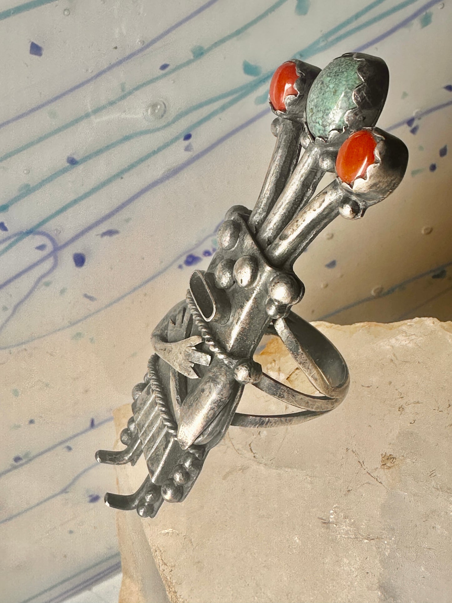 Kachina ring size 8.50 Navajo turquoise coral band sterling silver women