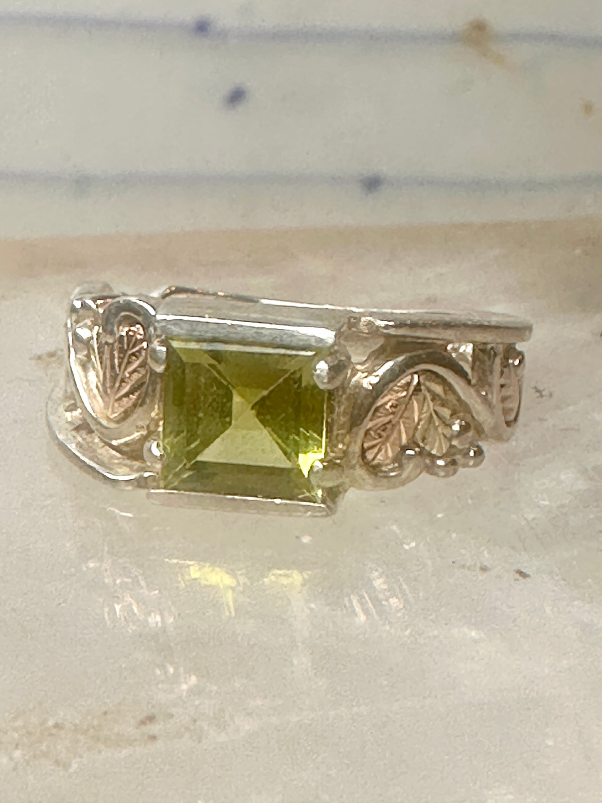Vintage Coleman Black Hills Gold Sterling Silver 12K Gold Princess Green Quartz Ring Size 5 925