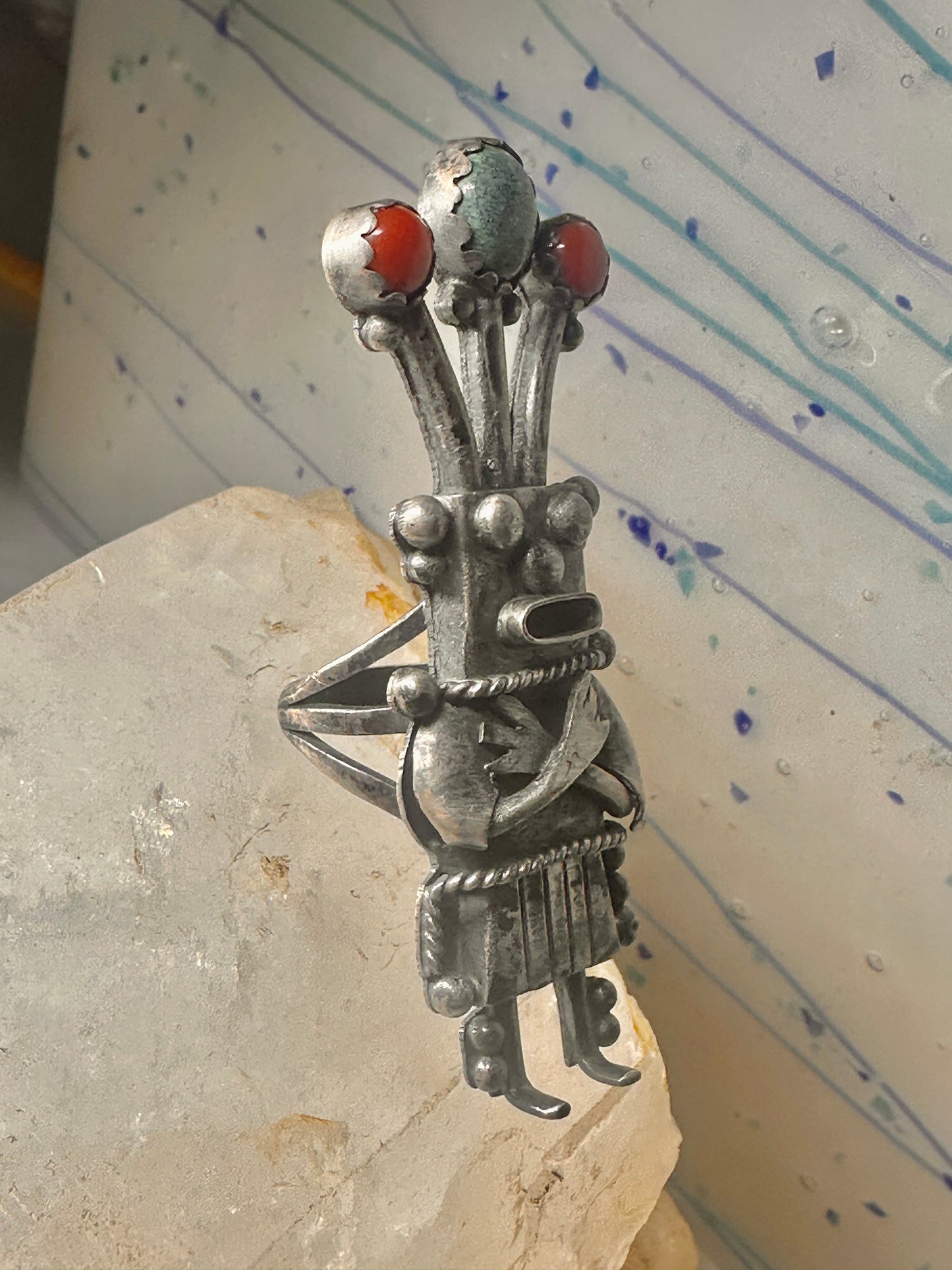 Kachina ring size 8.50 Navajo turquoise coral band sterling silver women