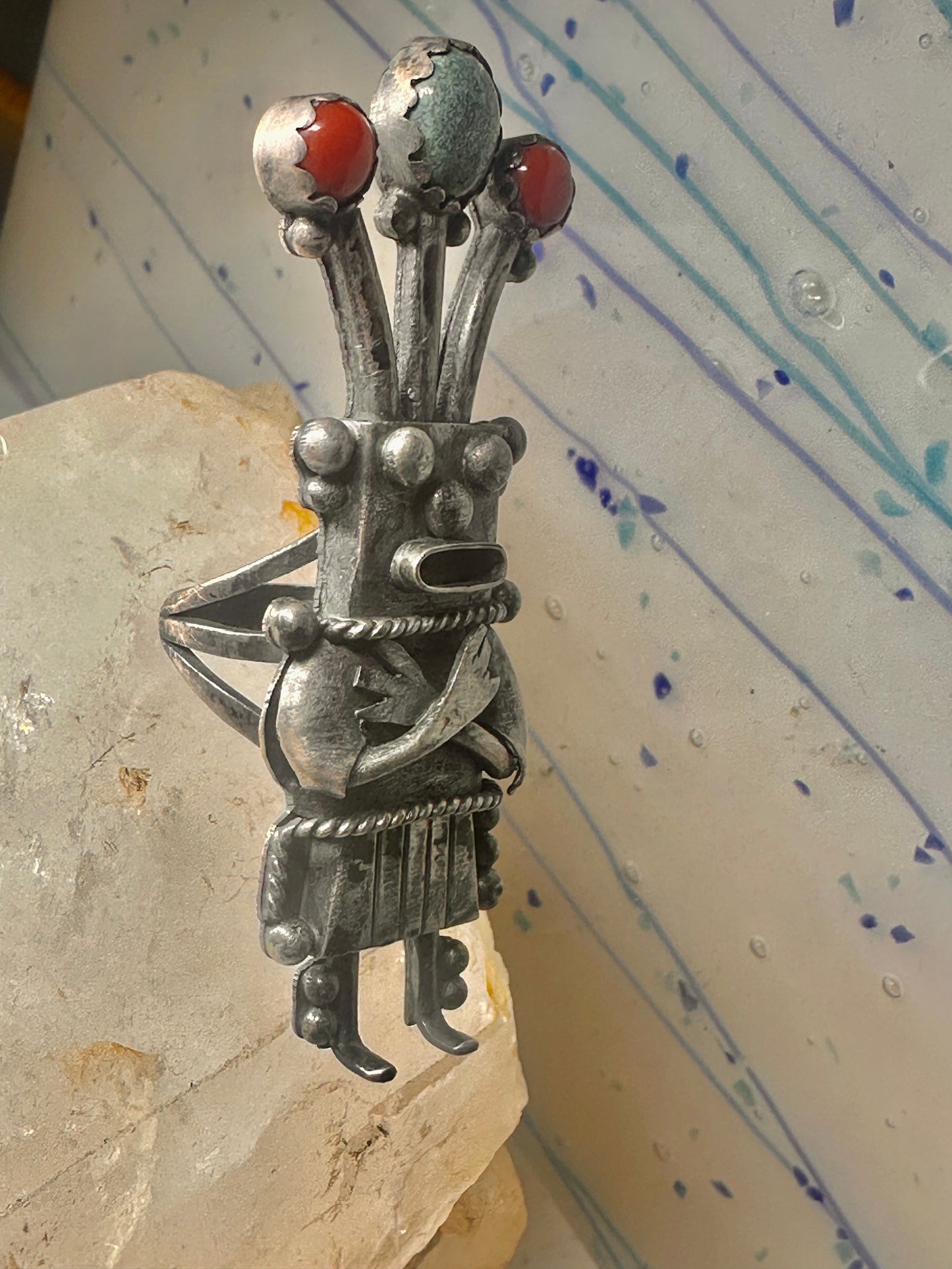Kachina ring size 8.50 Navajo turquoise coral band sterling silver women