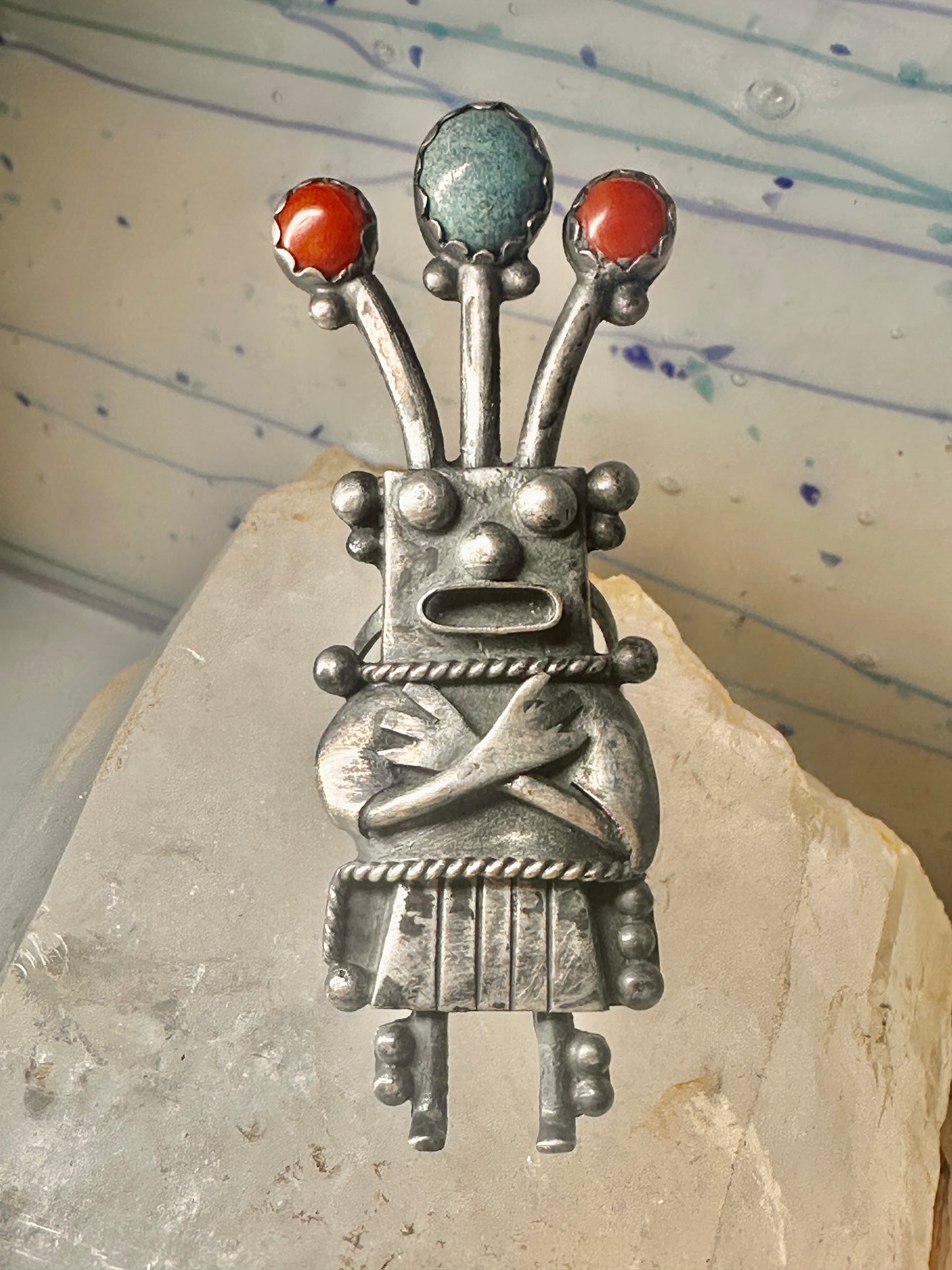 Kachina ring size 8.50 Navajo turquoise coral band sterling silver women