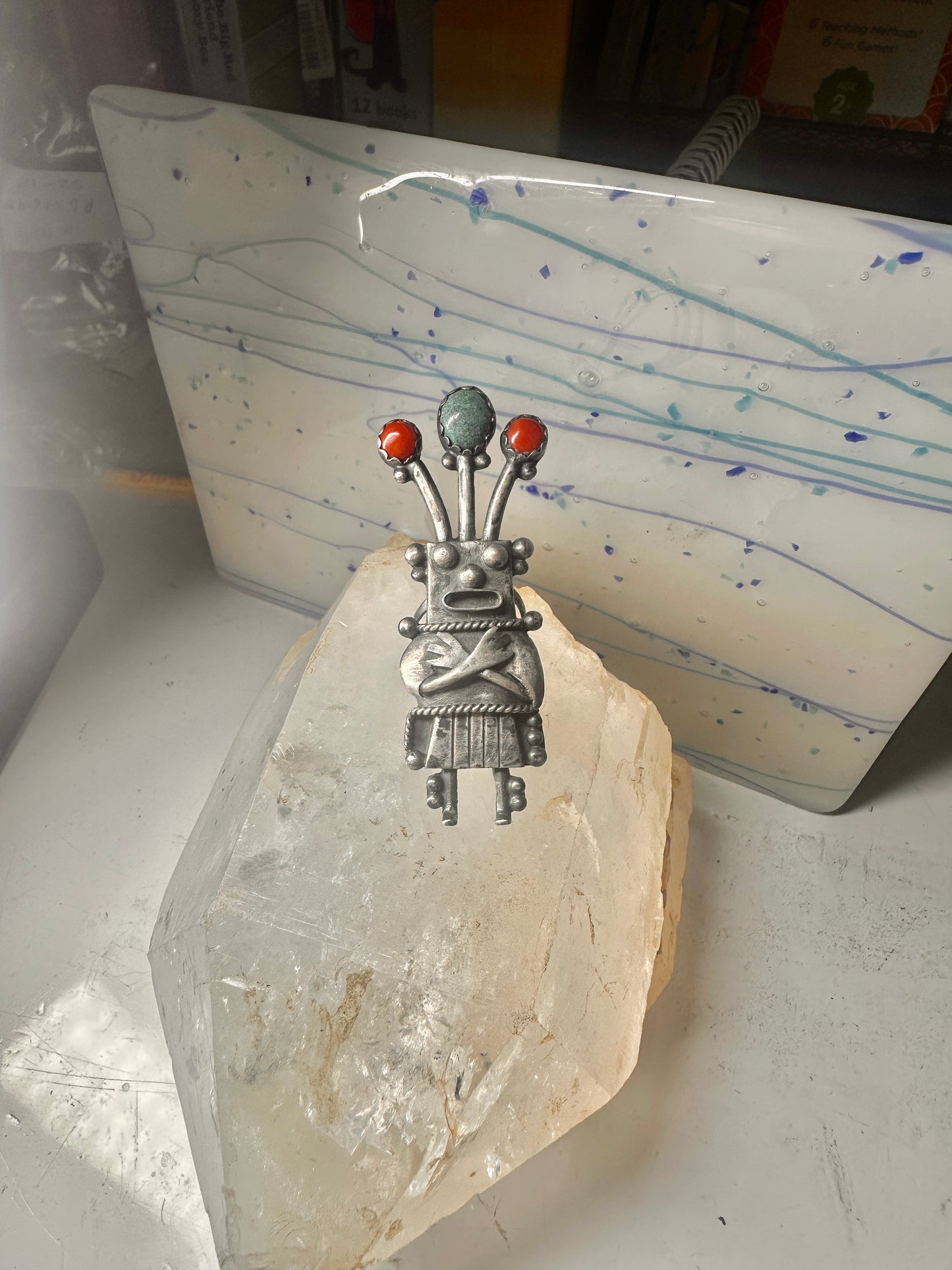 Kachina ring size 8.50 Navajo turquoise coral band sterling silver women